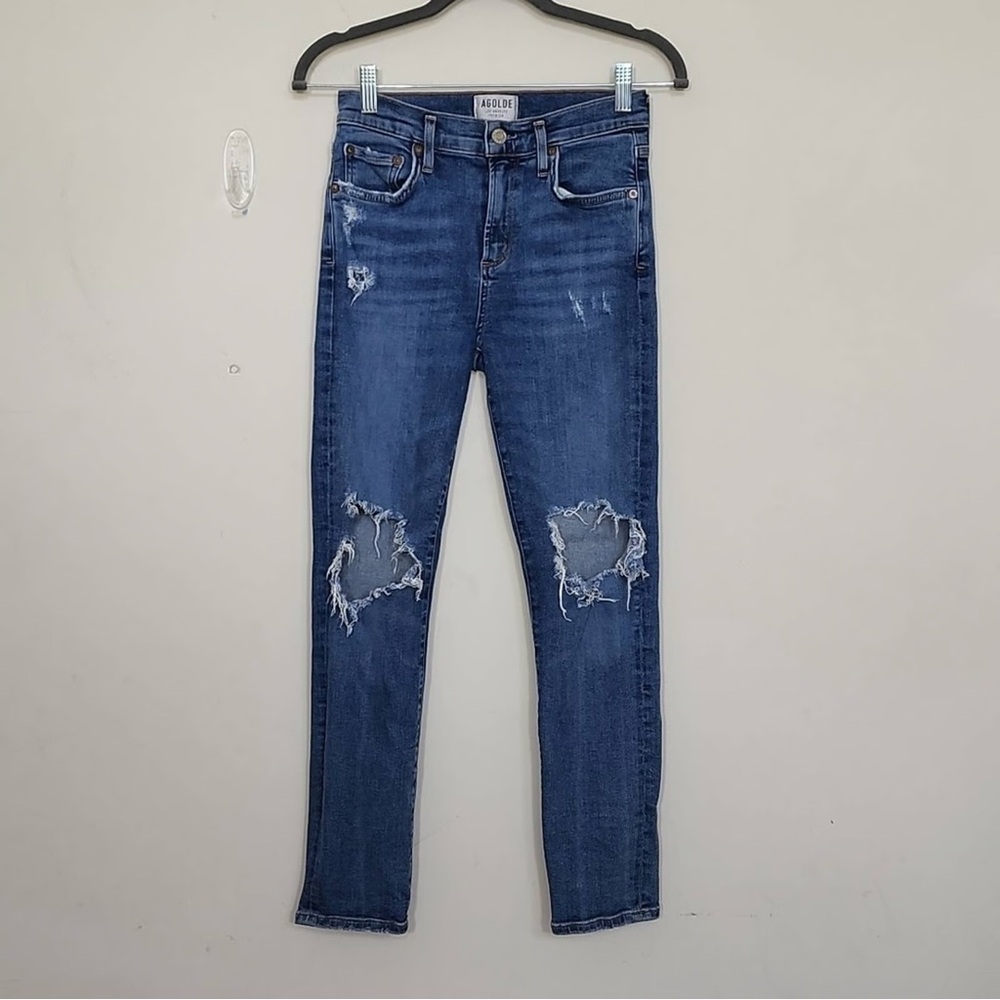 Agolde Sophie High Rise Skinny Crop Perfect Distressed Dark Blue Size 27